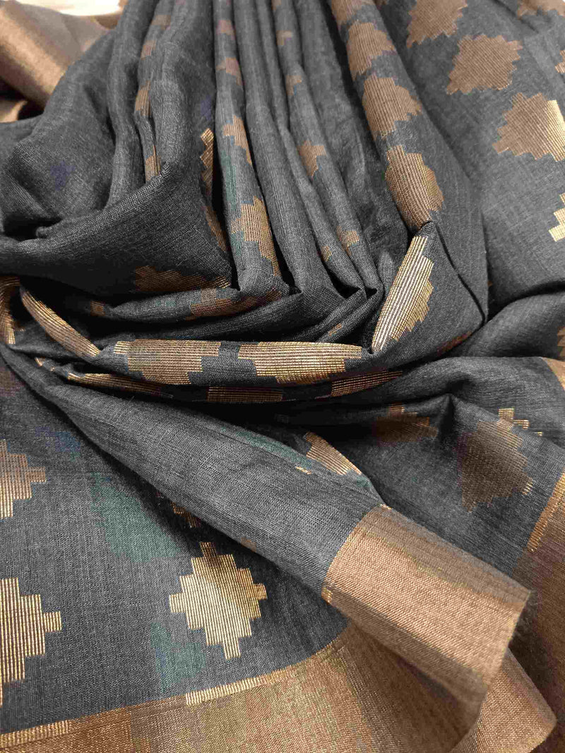 Grey & Gold Zari Woven Soft Handloom Tussar Silk Saree Balaram Saha