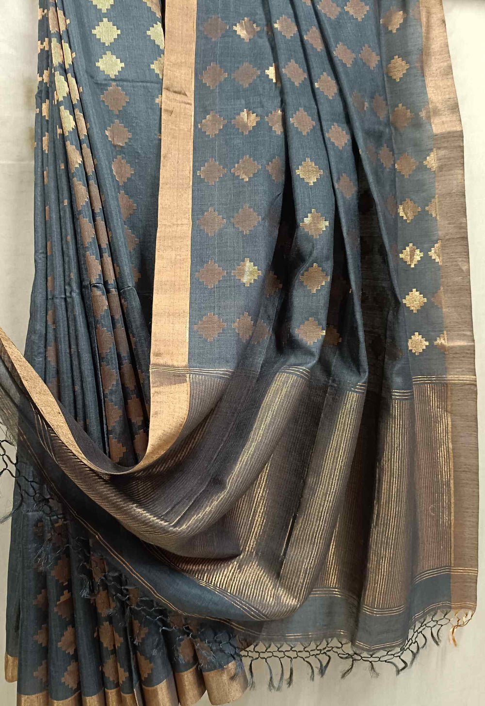 Grey & Gold Zari Woven Soft Handloom Tussar Silk Saree Balaram Saha