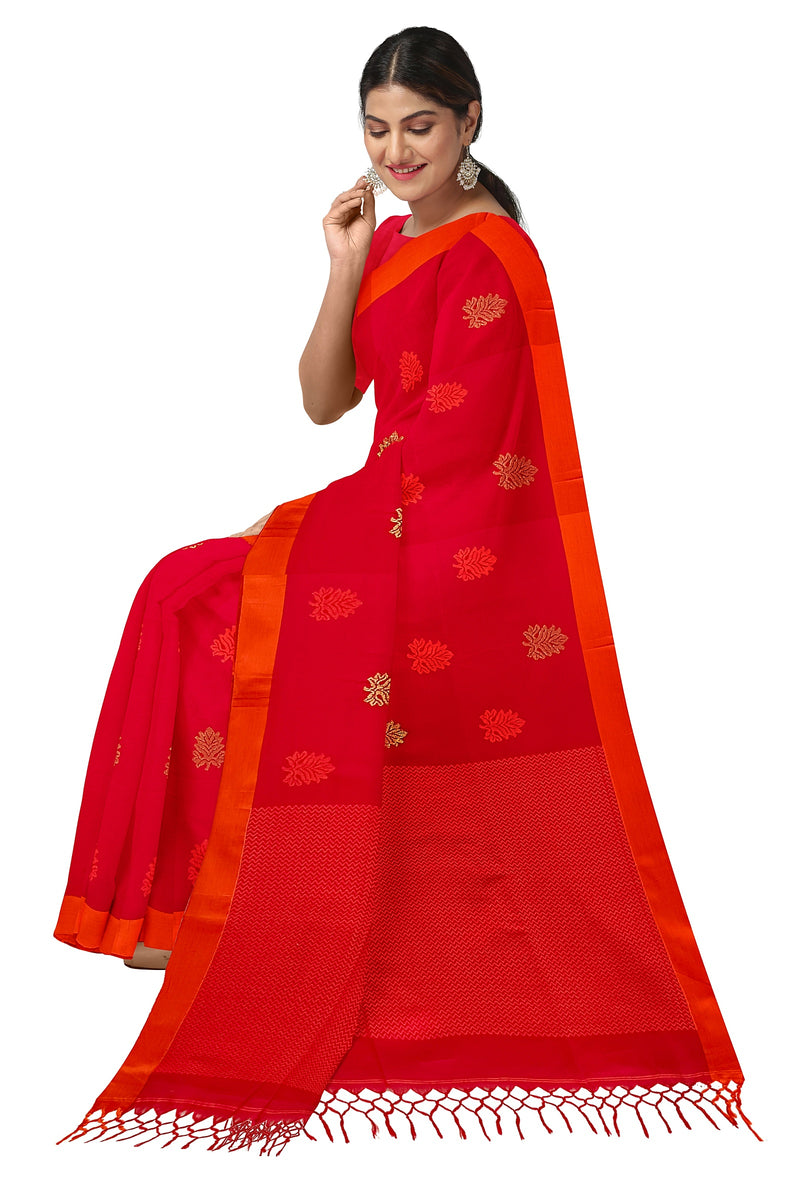 Bright Red & Orange Soft Handloom Premium Cotton Saree Balaram Saha