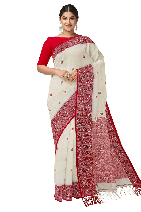Off-White & Red Premium Quality Handloom Cotton Saree Balaram Saha
