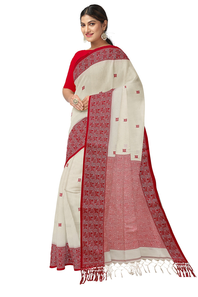 Buy Off-White Red Jamdani Handwoven Bengal Tant Cotton Saree (Without Blouse)  17016 | www.maanacreation.com