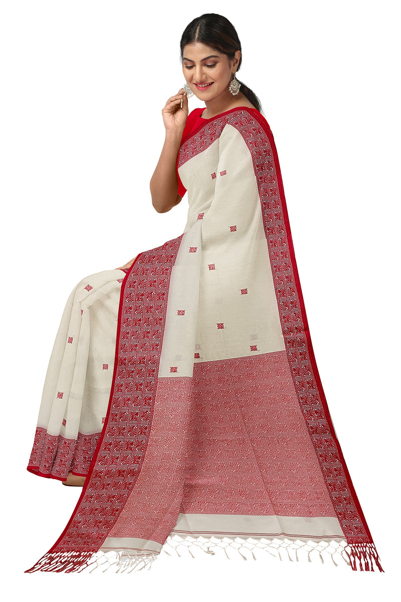 Off-White & Red Premium Quality Handloom Cotton Saree Balaram Saha