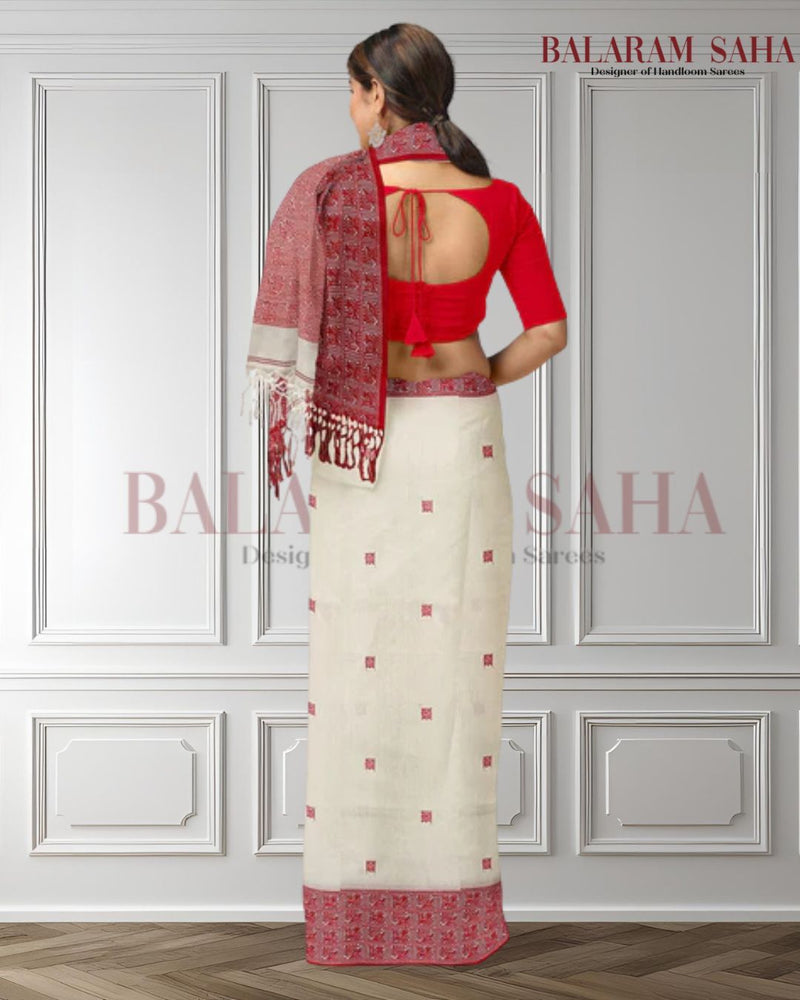 Off-White & Red Premium Quality Handloom Cotton Saree Balaram Saha