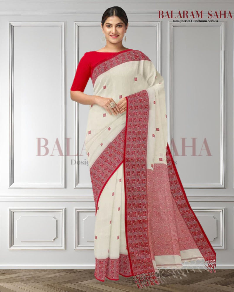 Off-White & Red Premium Quality Handloom Cotton Saree Balaram Saha