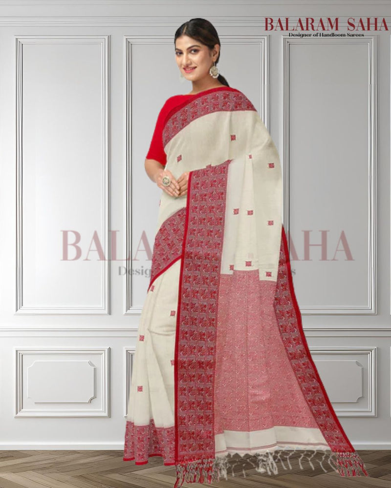 Off-White & Red Premium Quality Handloom Cotton Saree Balaram Saha