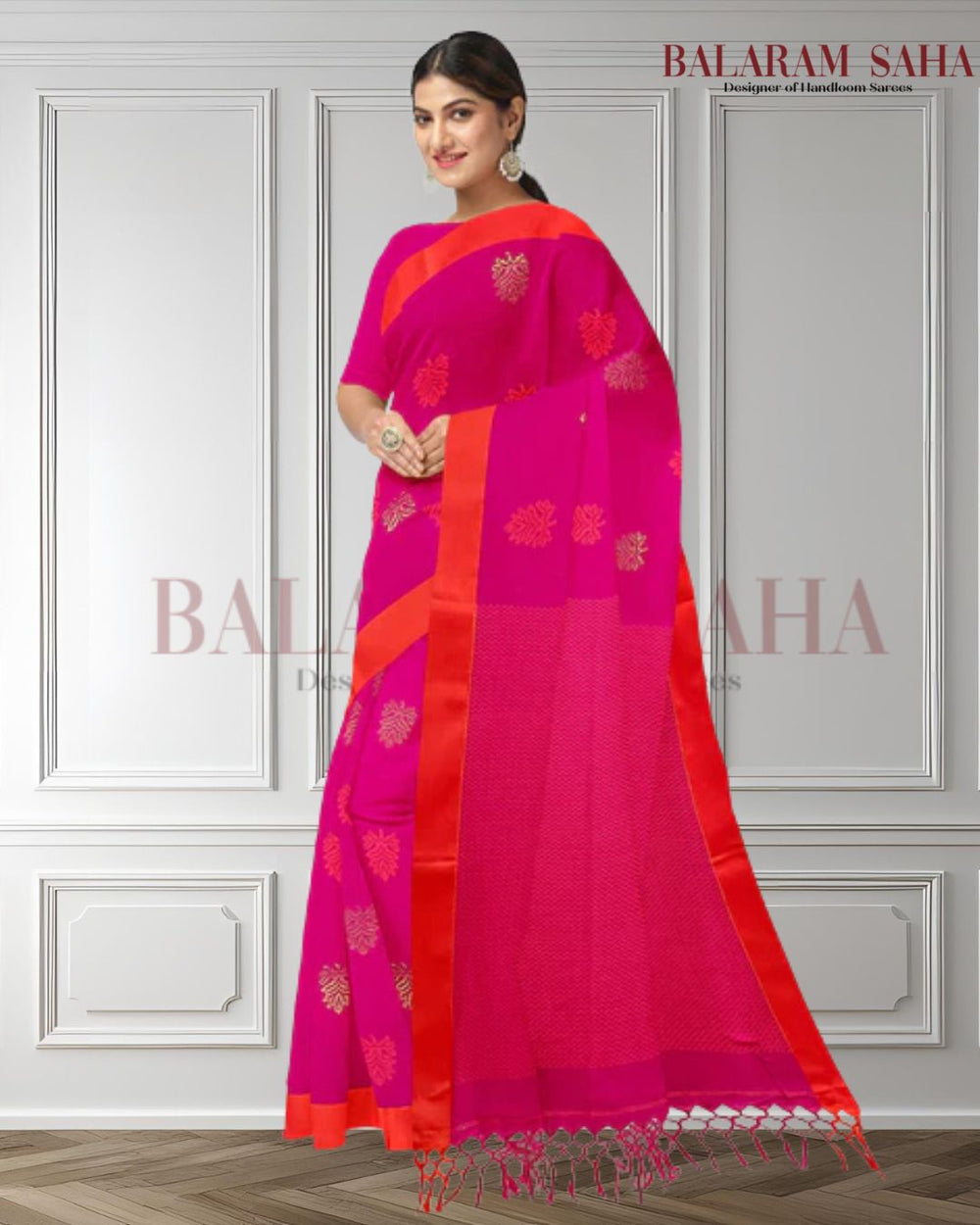 Deep Pink & Orange Soft Handloom Premium Cotton Saree Balaram Saha