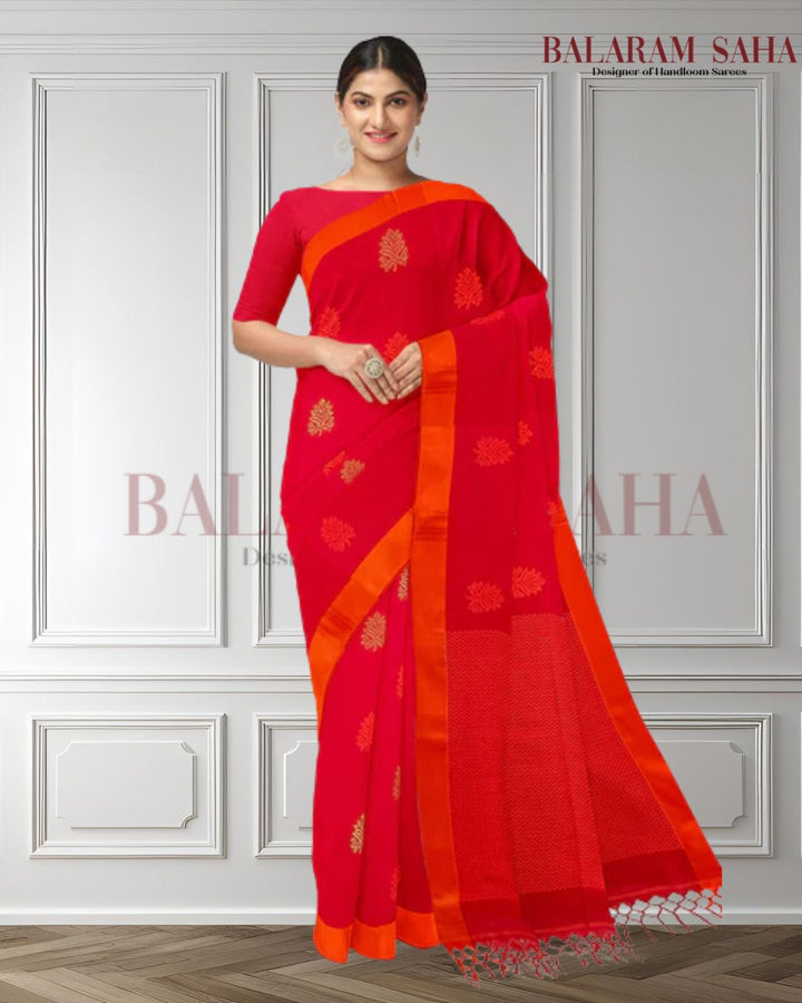 Bright Red & Orange Soft Handloom Premium Cotton Saree Balaram Saha