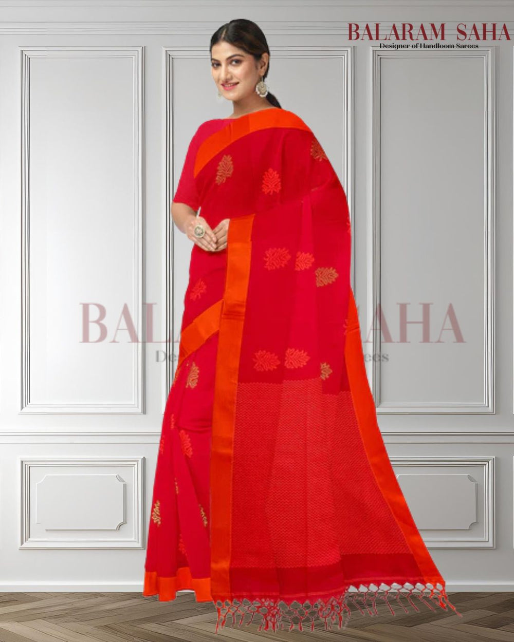 Bright Red & Orange Soft Handloom Premium Cotton Saree Balaram Saha