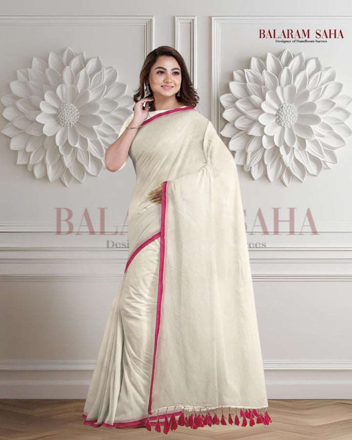 White & Purple Soft Handloom Mull Cotton Saree Balaram Saha