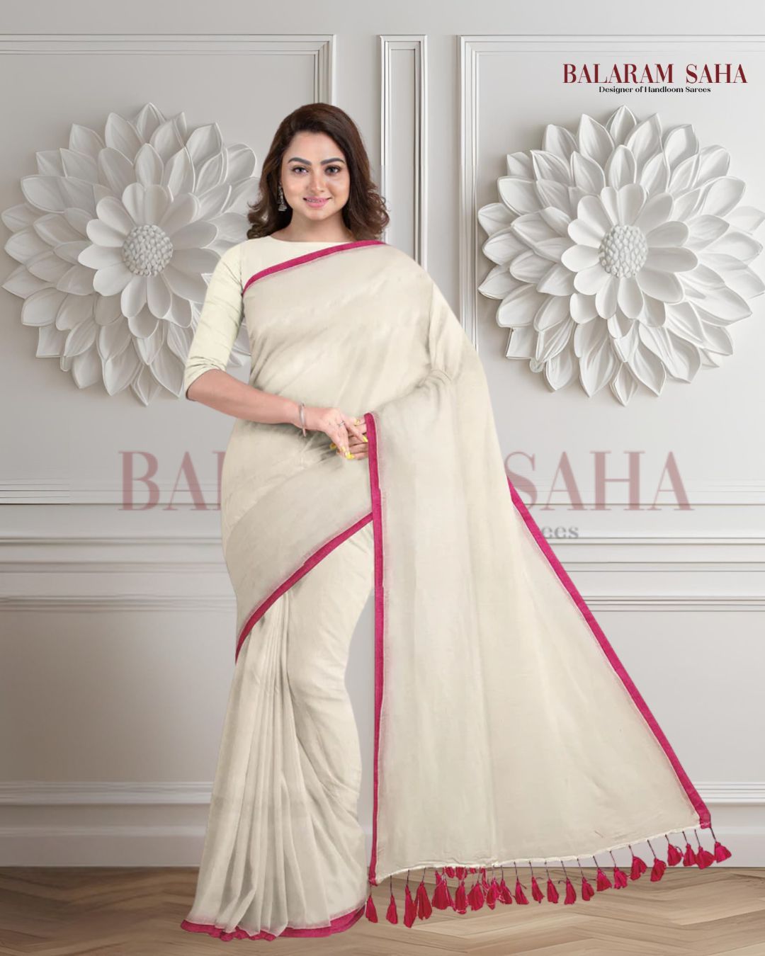 White & Purple Soft Handloom Mull Cotton Saree Balaram Saha