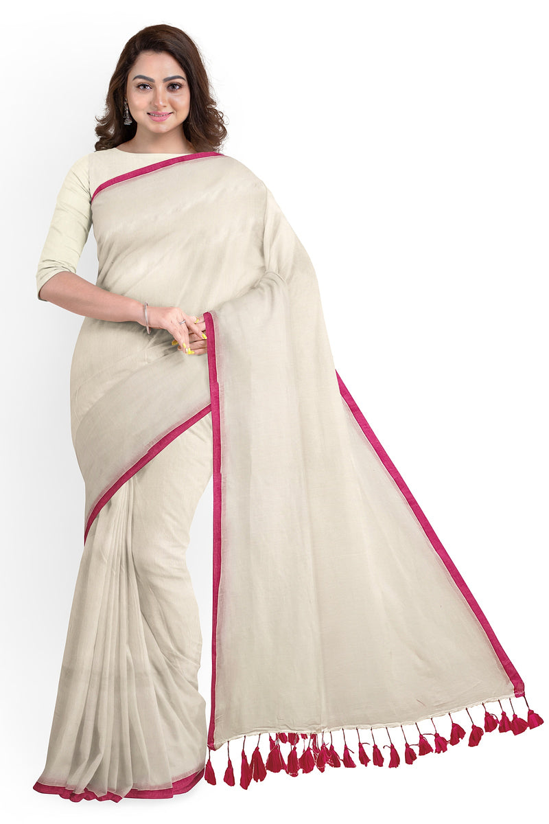 White & Purple Soft Handloom Mull Cotton Saree Balaram Saha