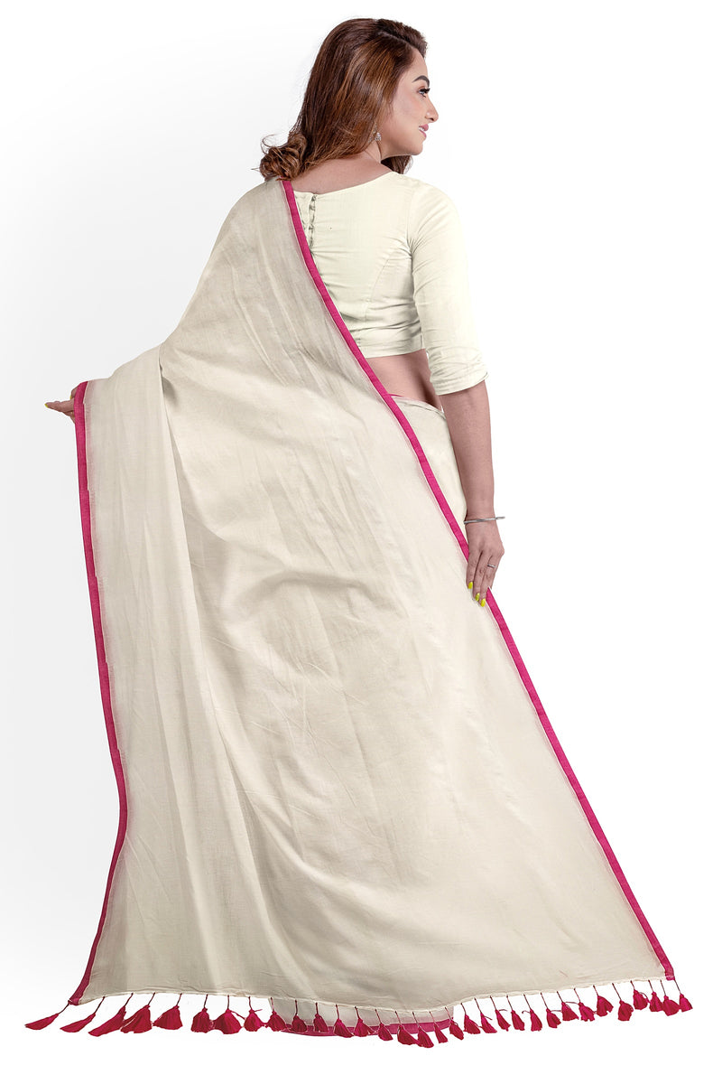White & Purple Soft Handloom Mull Cotton Saree Balaram Saha