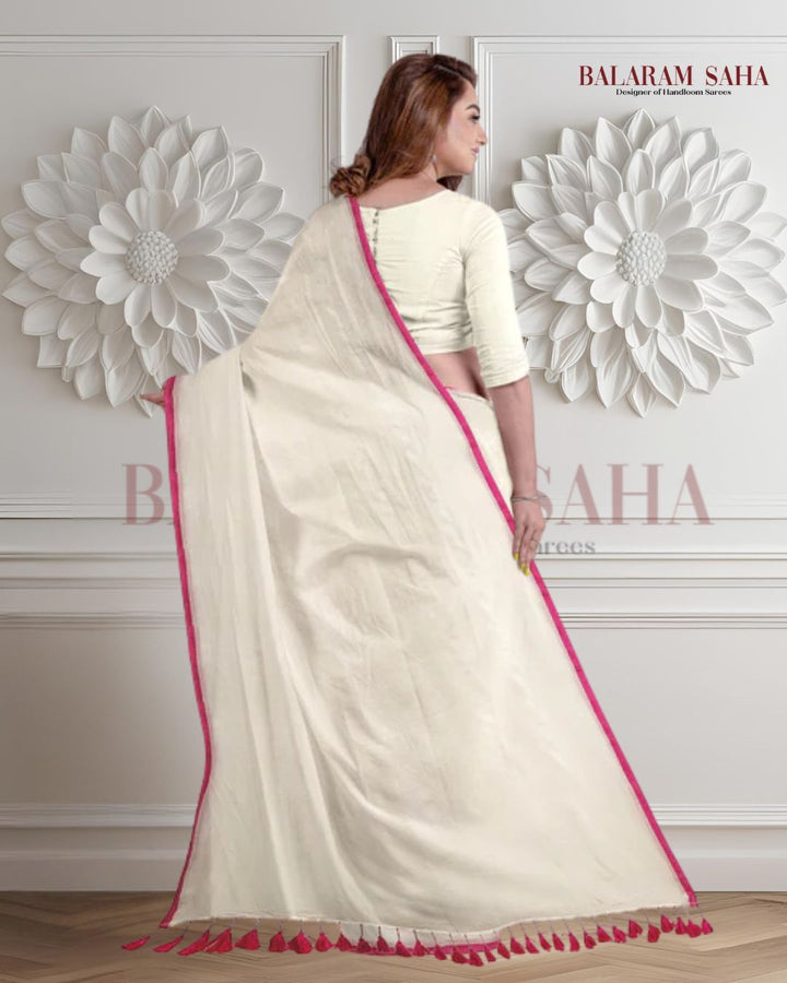 White & Pink Soft Handloom Mul Cotton Saree Balaram Saha