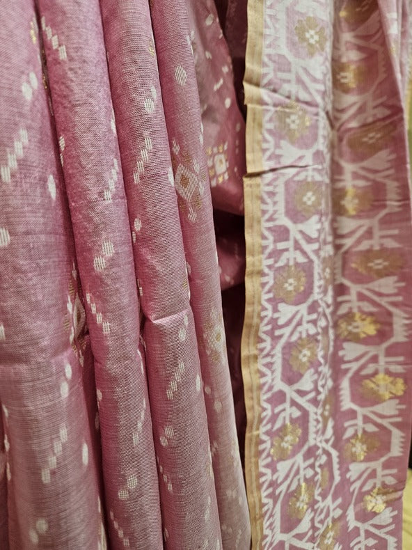 Pink & White Soft Handloom Katan Silk Jamdani Saree Balaram Saha