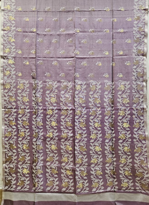 Mauve & White Soft Handloom Katan Silk Jamdani Saree Balaram Saha