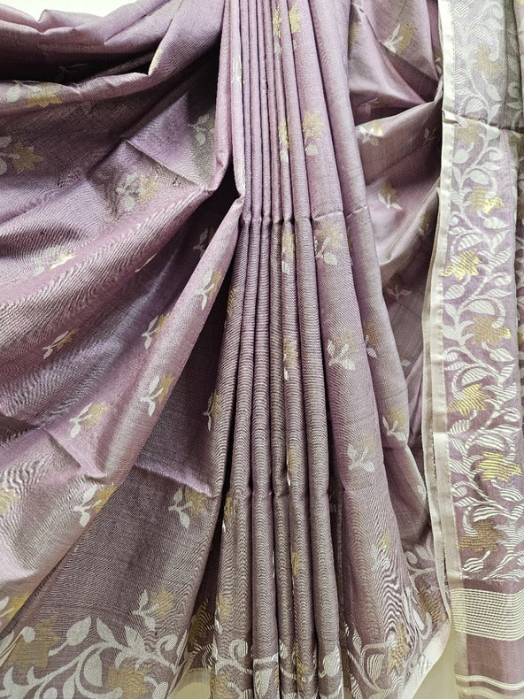 Mauve & White Soft Handloom Katan Silk Jamdani Saree Balaram Saha