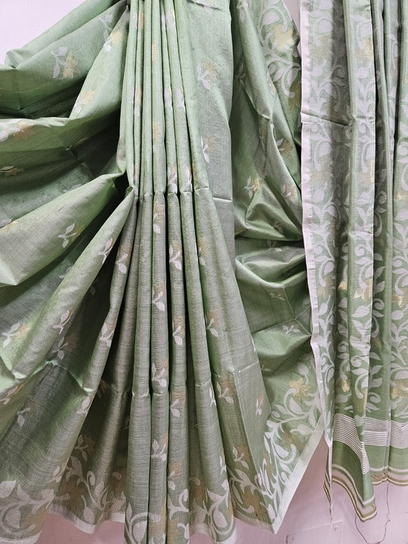 Green & White Soft Handloom Katan Silk Jamdani Saree Balaram Saha