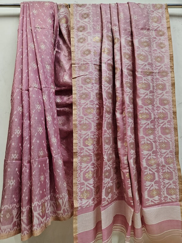 Pink & White Soft Handloom Katan Silk Jamdani Saree Balaram Saha