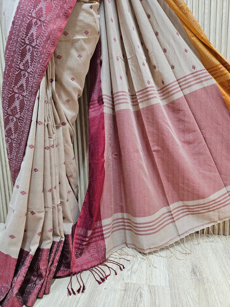 Light Brown Handloom Soft Cotton Saree With Ganga Jamuna Border Balaram Saha