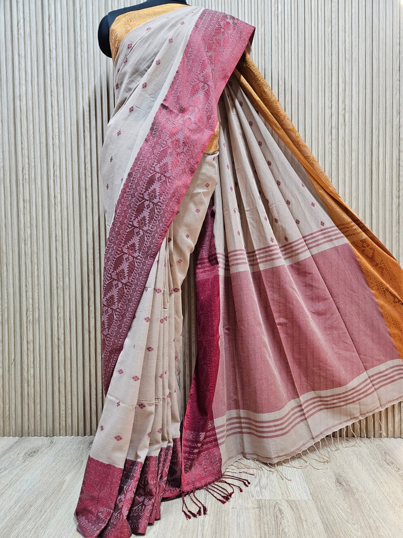 Light Brown Handloom Soft Cotton Saree With Ganga Jamuna Border Balaram Saha