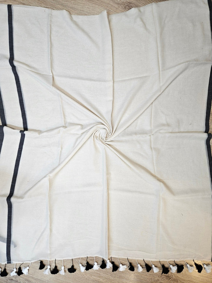 Off-White & Black Soft Handloom Mul Cotton Saree with Black Border Balaram Saha