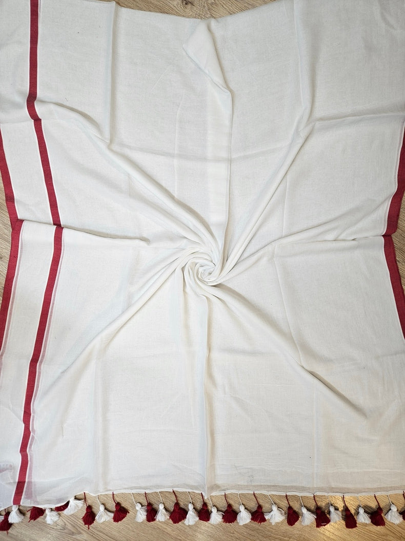 White & Red Soft Handloom Mul Cotton Saree with Red Border Balaram Saha