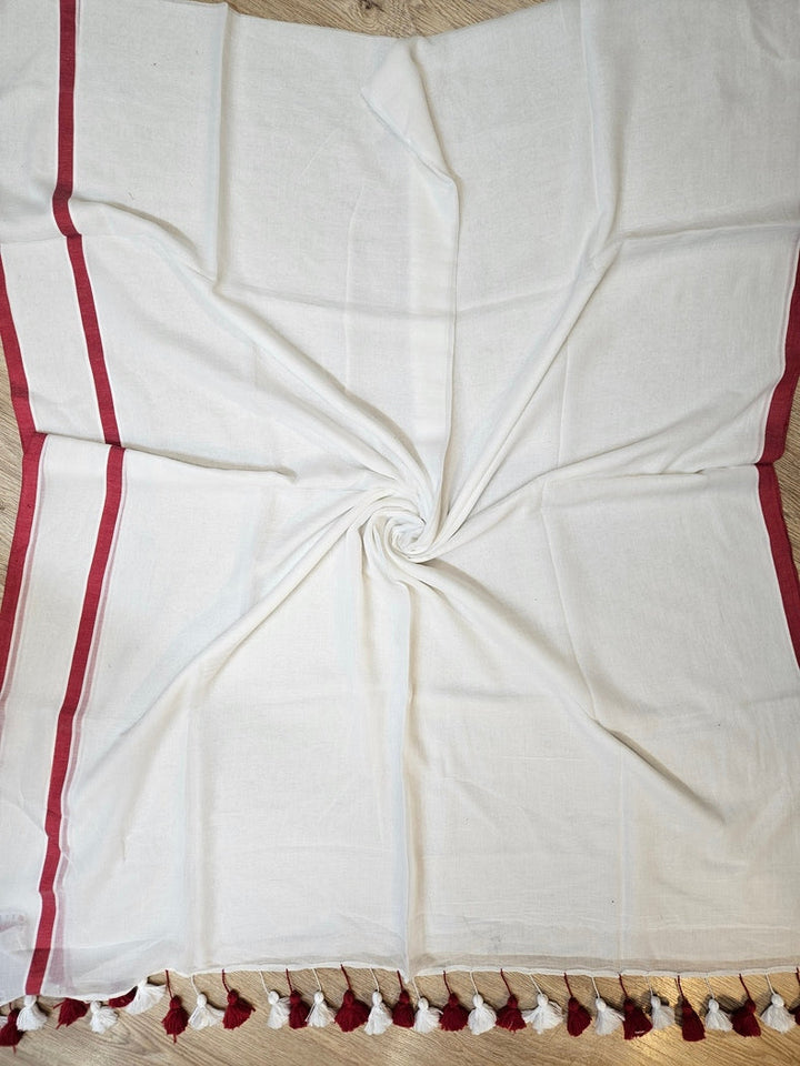 White & Red Soft Handloom Mul Cotton Saree with Red Border Balaram Saha