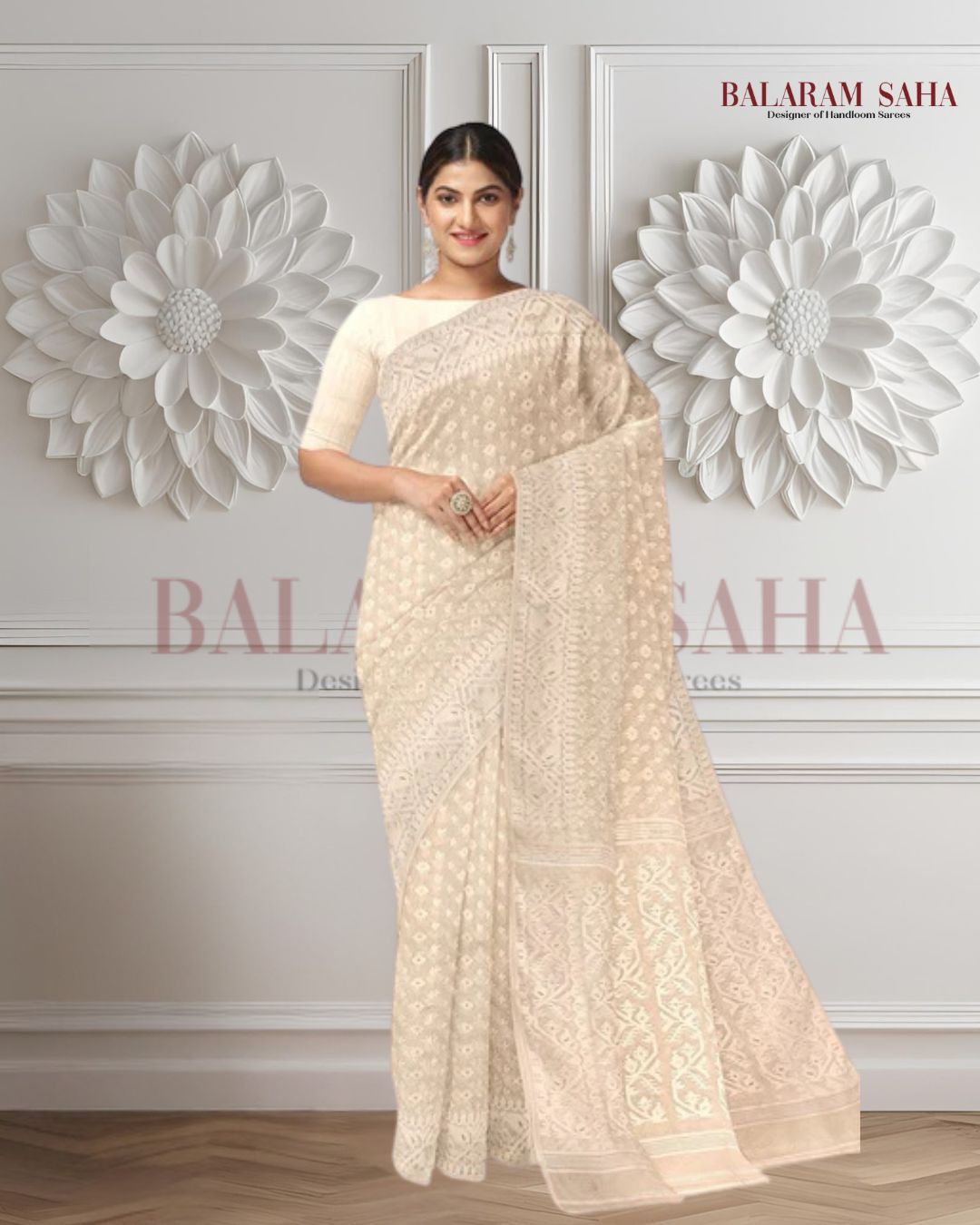 White on White, cotton by resham, soft Dhakai Jamdani Saree Balaram Saha
