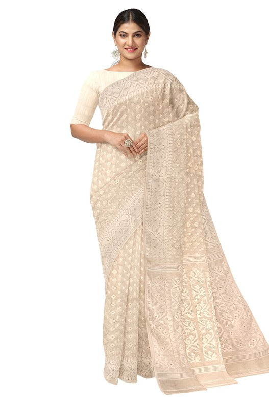 white colour Hand Woven Cotton Blend Tissue Saree