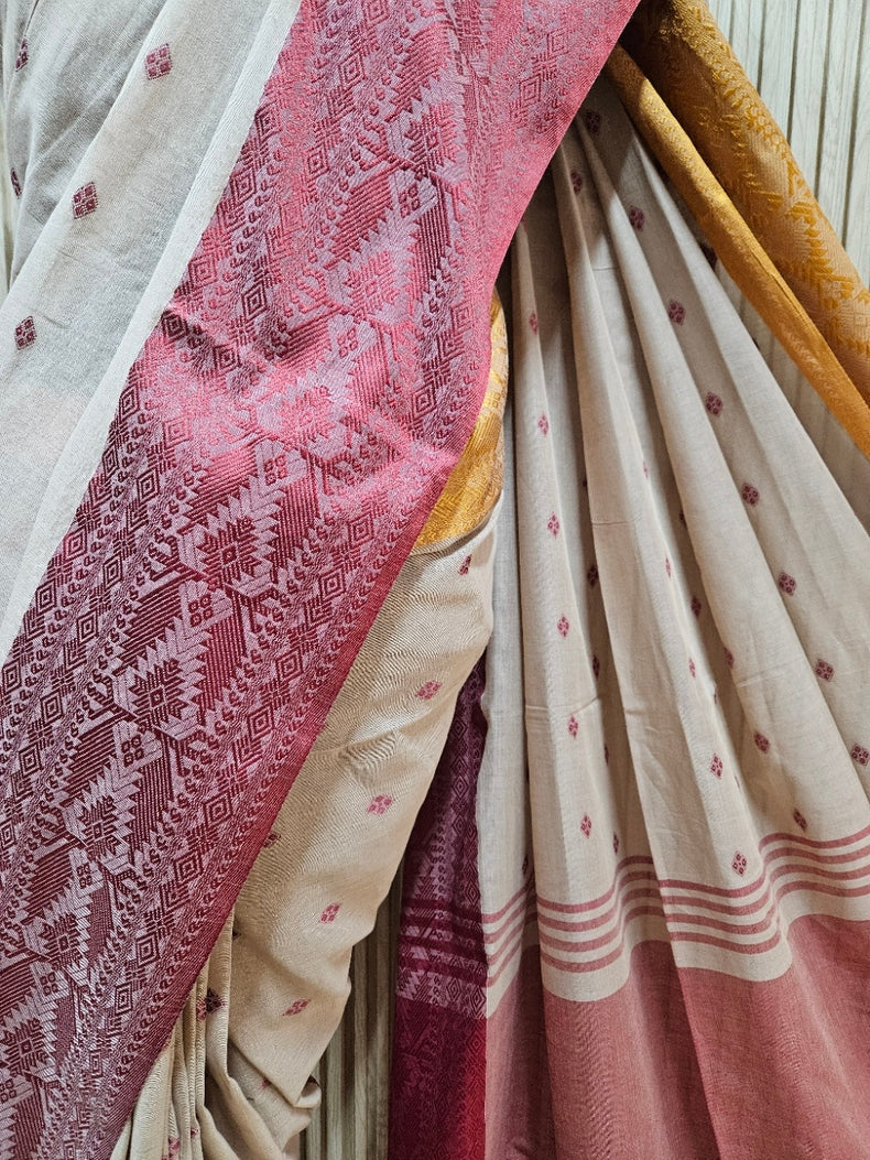 Light Brown Handloom Soft Cotton Saree With Ganga Jamuna Border Balaram Saha