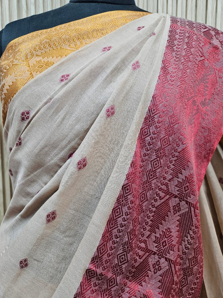 Light Brown Handloom Soft Cotton Saree With Ganga Jamuna Border Balaram Saha