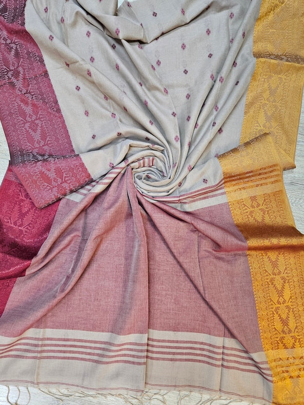 Light Brown Handloom Soft Cotton Saree With Ganga Jamuna Border Balaram Saha
