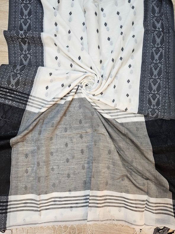 Off-White & Black Handloom Soft Cotton saree Balaram Saha