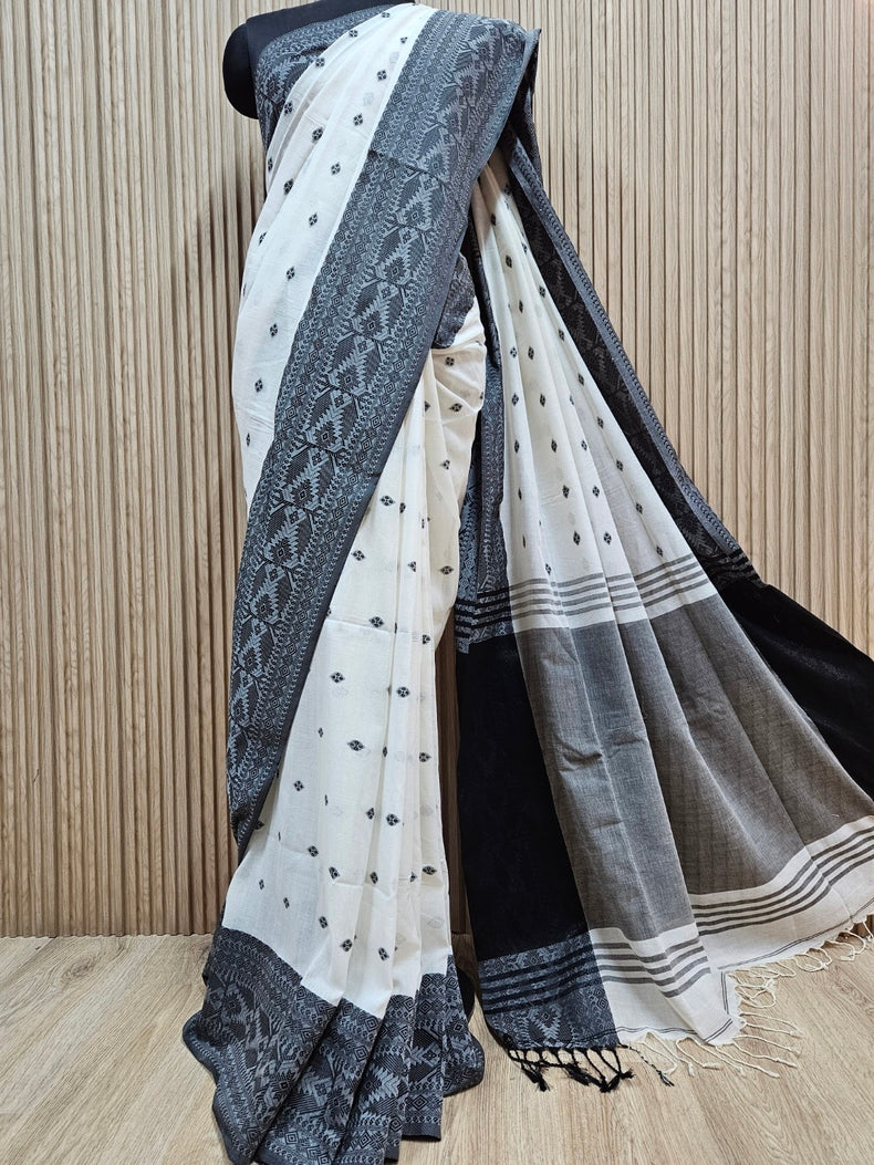 Off-White & Black Handloom Soft Cotton saree Balaram Saha