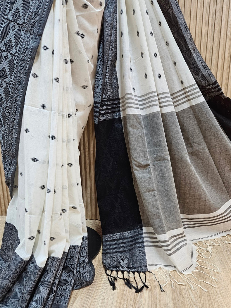 Off-White & Black Handloom Soft Cotton saree Balaram Saha