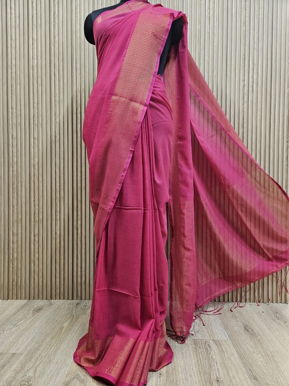 Pink & Gold Soft Handloom Cotton Saree Balaram Saha