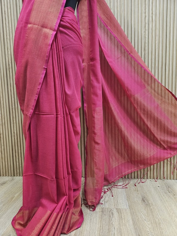 Pink & Gold Soft Handloom Cotton Saree Balaram Saha