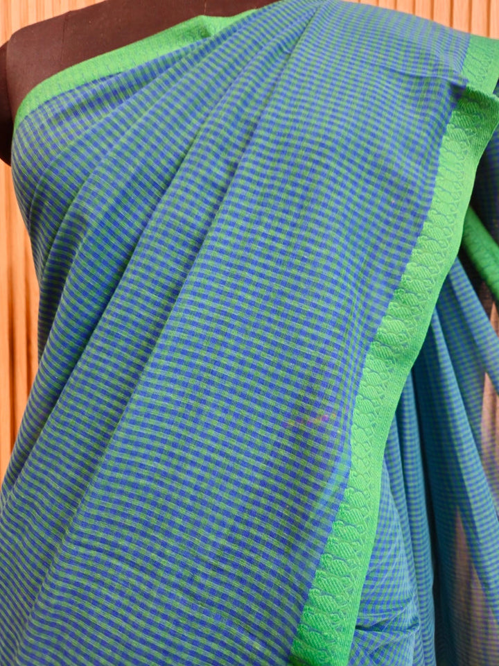 Blue & Green  Soft Handloom Cotton Checked Saree with White Red Woven Paisley Border Balaram Saha
