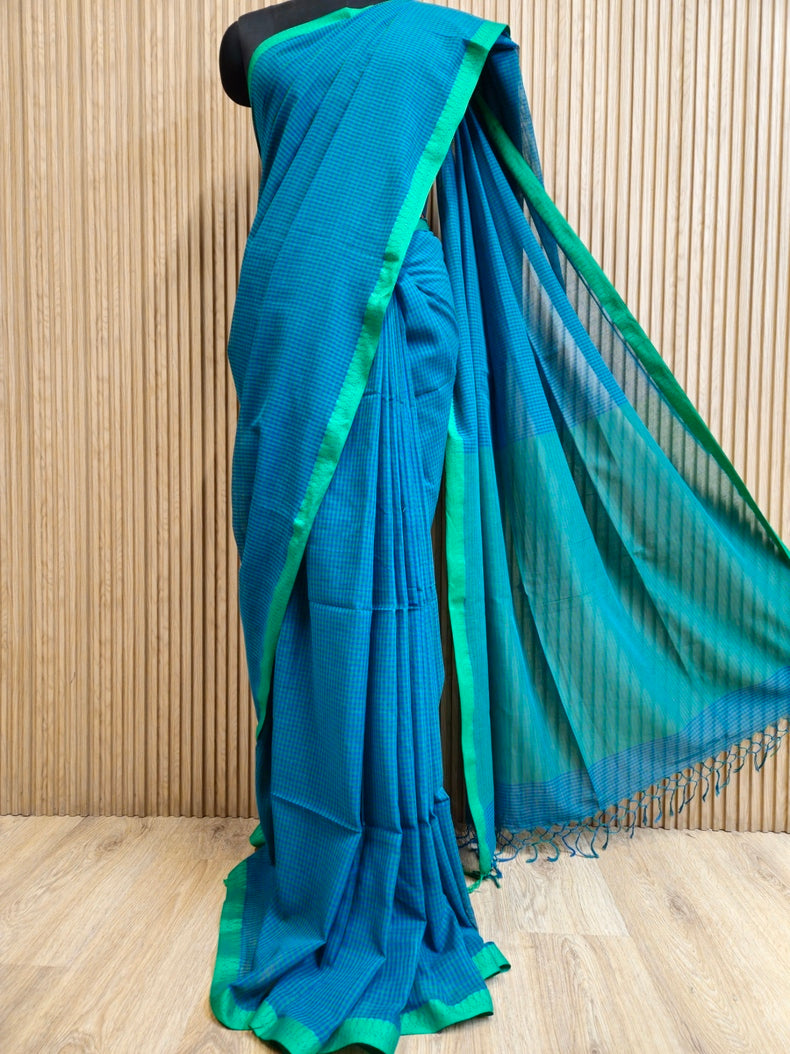 Blue & Green  Soft Handloom Cotton Checked Saree with White Red Woven Paisley Border Balaram Saha