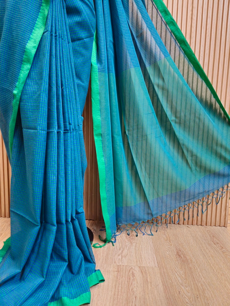 Blue & Green  Soft Handloom Cotton Checked Saree with White Red Woven Paisley Border Balaram Saha