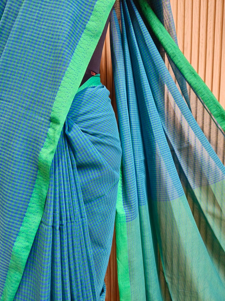 Blue & Green  Soft Handloom Cotton Checked Saree with White Red Woven Paisley Border Balaram Saha