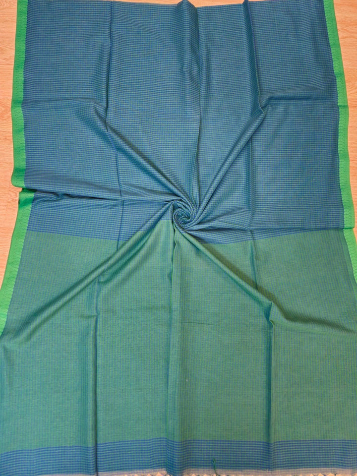 Blue & Green  Soft Handloom Cotton Checked Saree with White Red Woven Paisley Border Balaram Saha