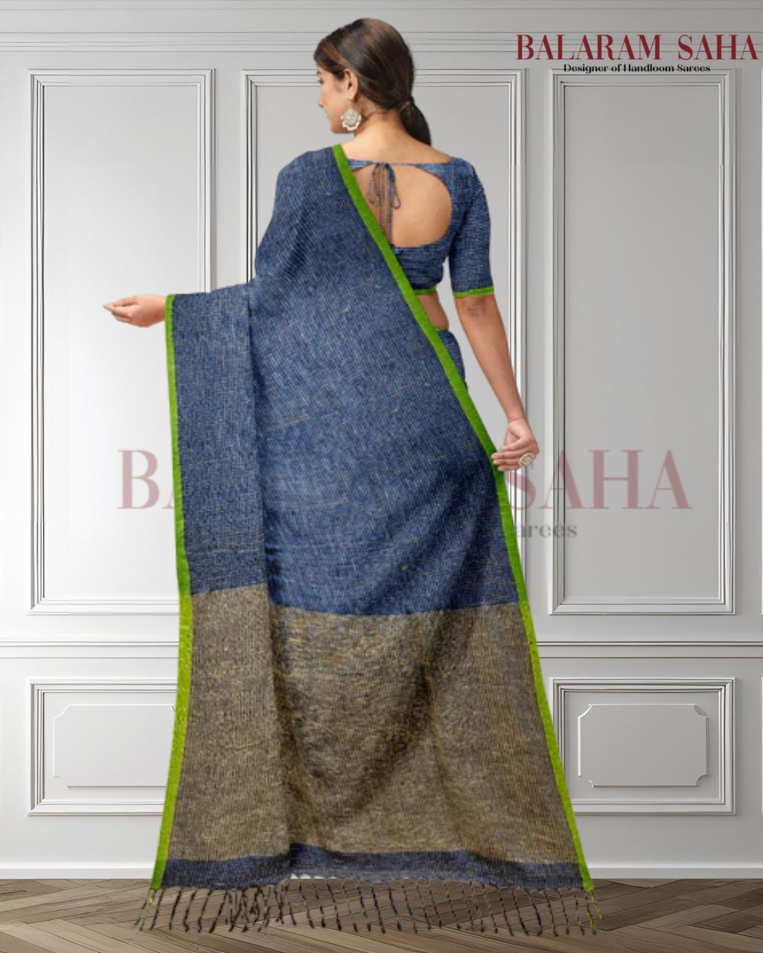 Balaram Saha's Artistic Expression: Blue & Green Handloom Soft Cotton Saree Balaram Saha