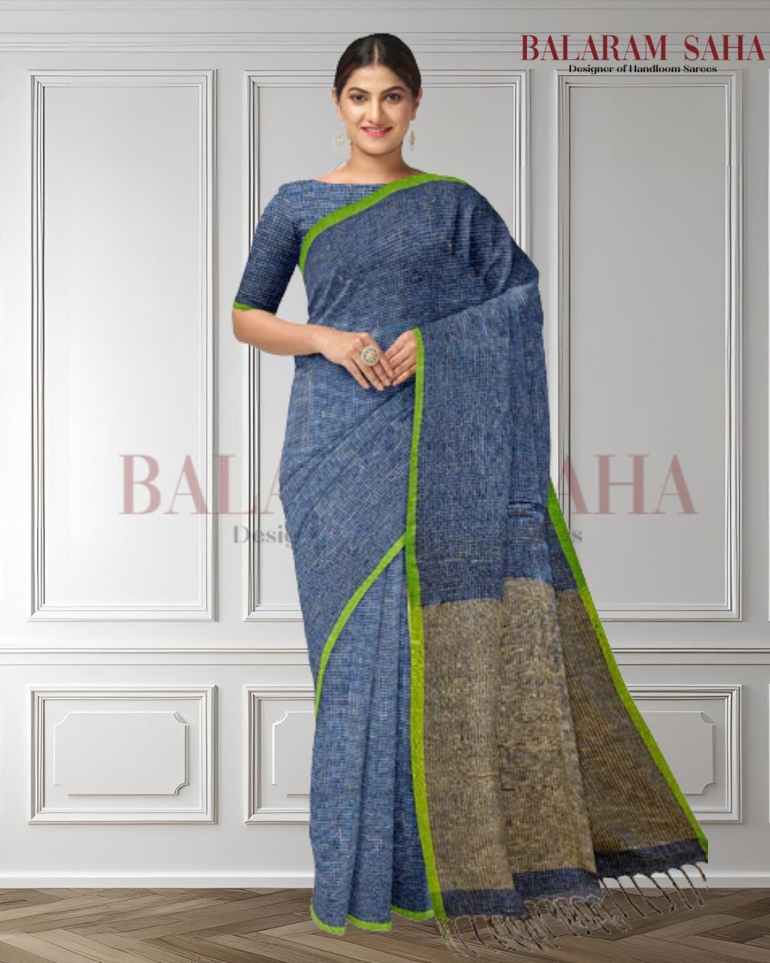 Balaram Saha's Artistic Expression: Blue & Green Handloom Soft Cotton Saree Balaram Saha