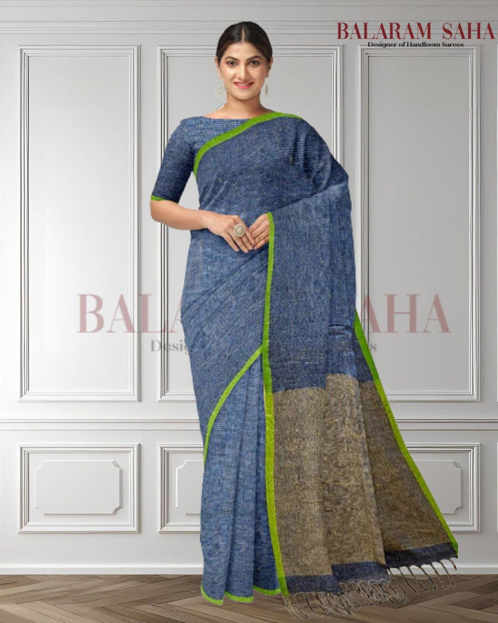 Balaram Saha's Artistic Expression: Blue & Green Handloom Soft Cotton Saree Balaram Saha