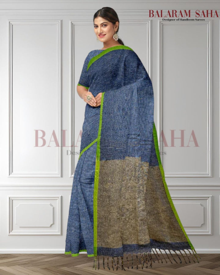 Balaram Saha's Artistic Expression: Blue & Green Handloom Soft Cotton Saree Balaram Saha