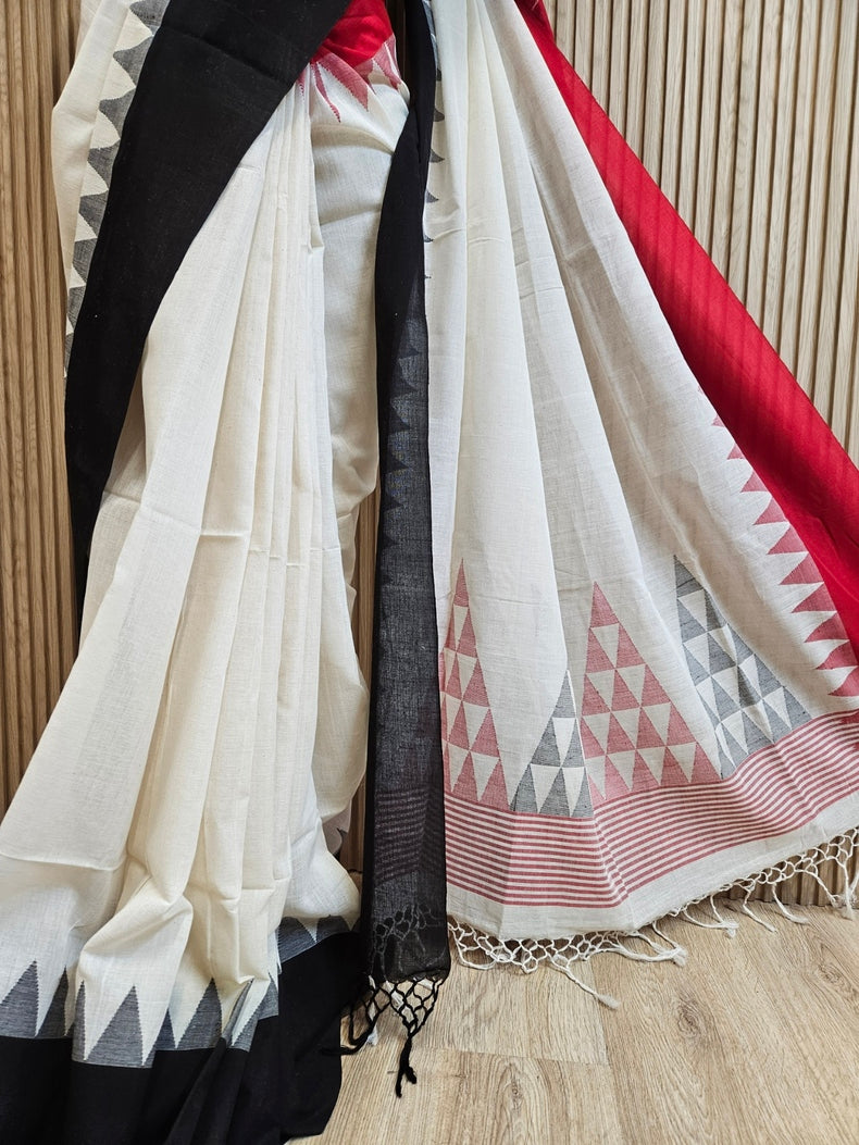 Lassic with a Twist: Balaram Saha's Off-White with Red and Black Ganga Jamuna Cotton Saree Balaram Saha