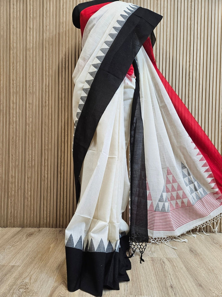 Lassic with a Twist: Balaram Saha's Off-White with Red and Black Ganga Jamuna Cotton Saree Balaram Saha
