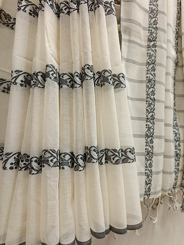 White & Black Soft Handloom Cotton Saree Balaram Saha