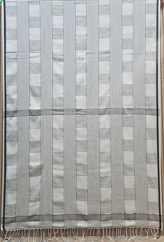 White & Black Premium Handloom Cotton Ckecks Saree Balaram Saha